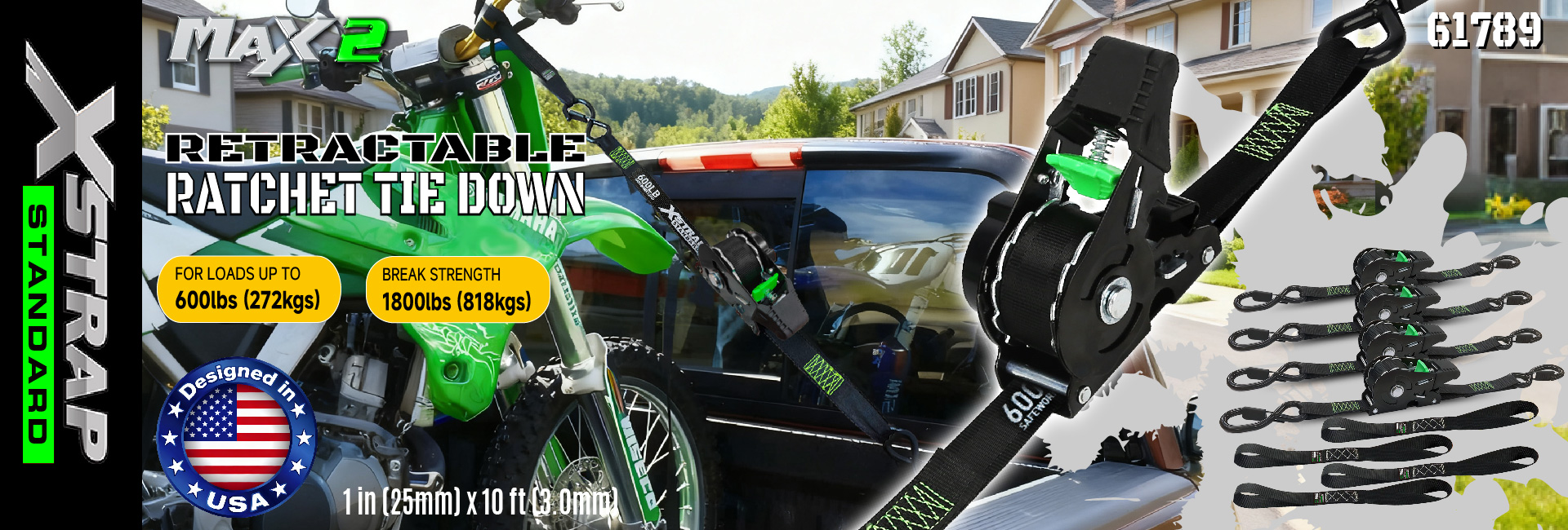 Xstrap 61789 Zatahovací popruhy s ráčnou 1 palec x 10 stop Bezpečné uchycení pro motocyklový vodní kajak Pevnost 1 500 LBS/680 KG