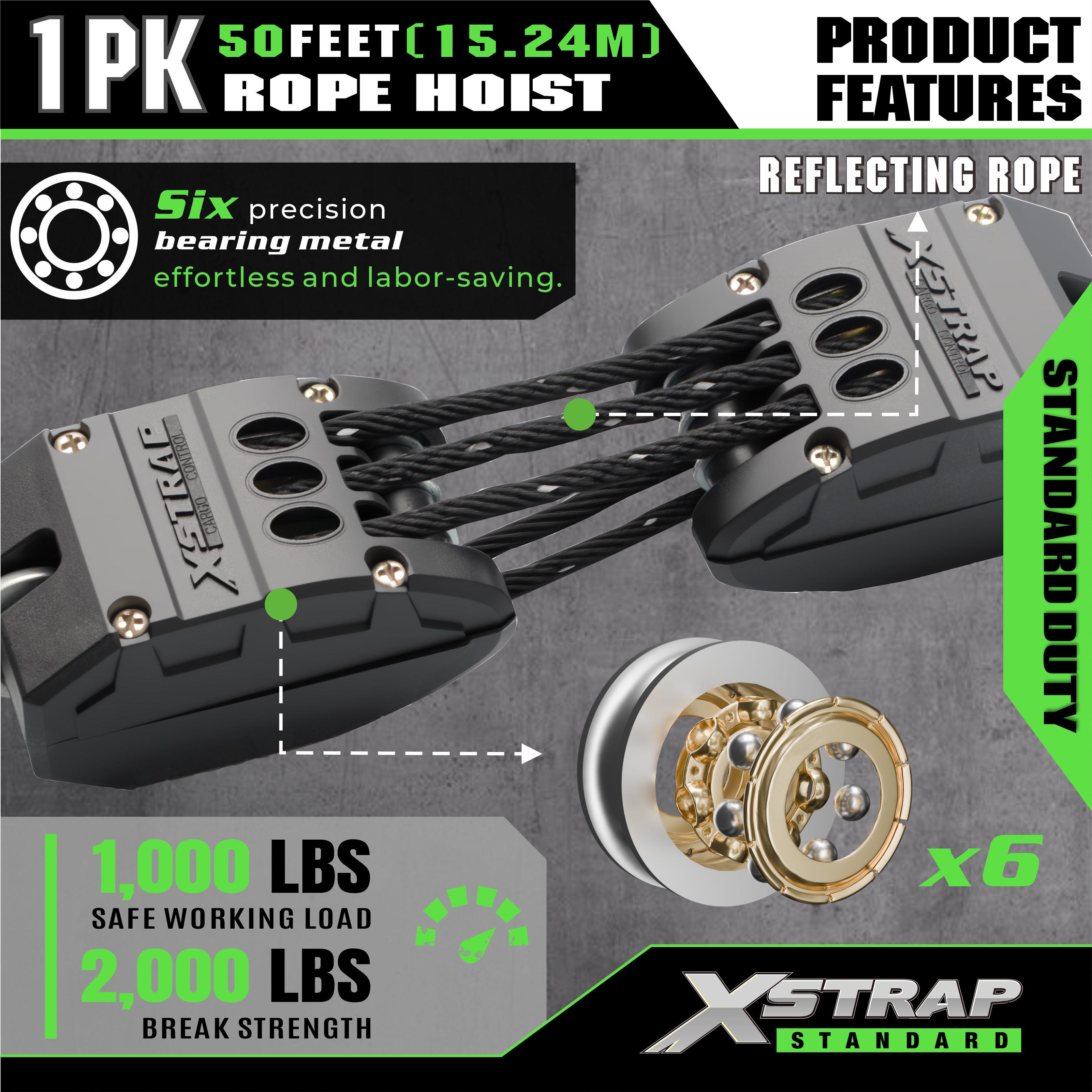 XSTRAP AHLT0003-reflexní černý systém kladek lanového kladkostroje 1000LB