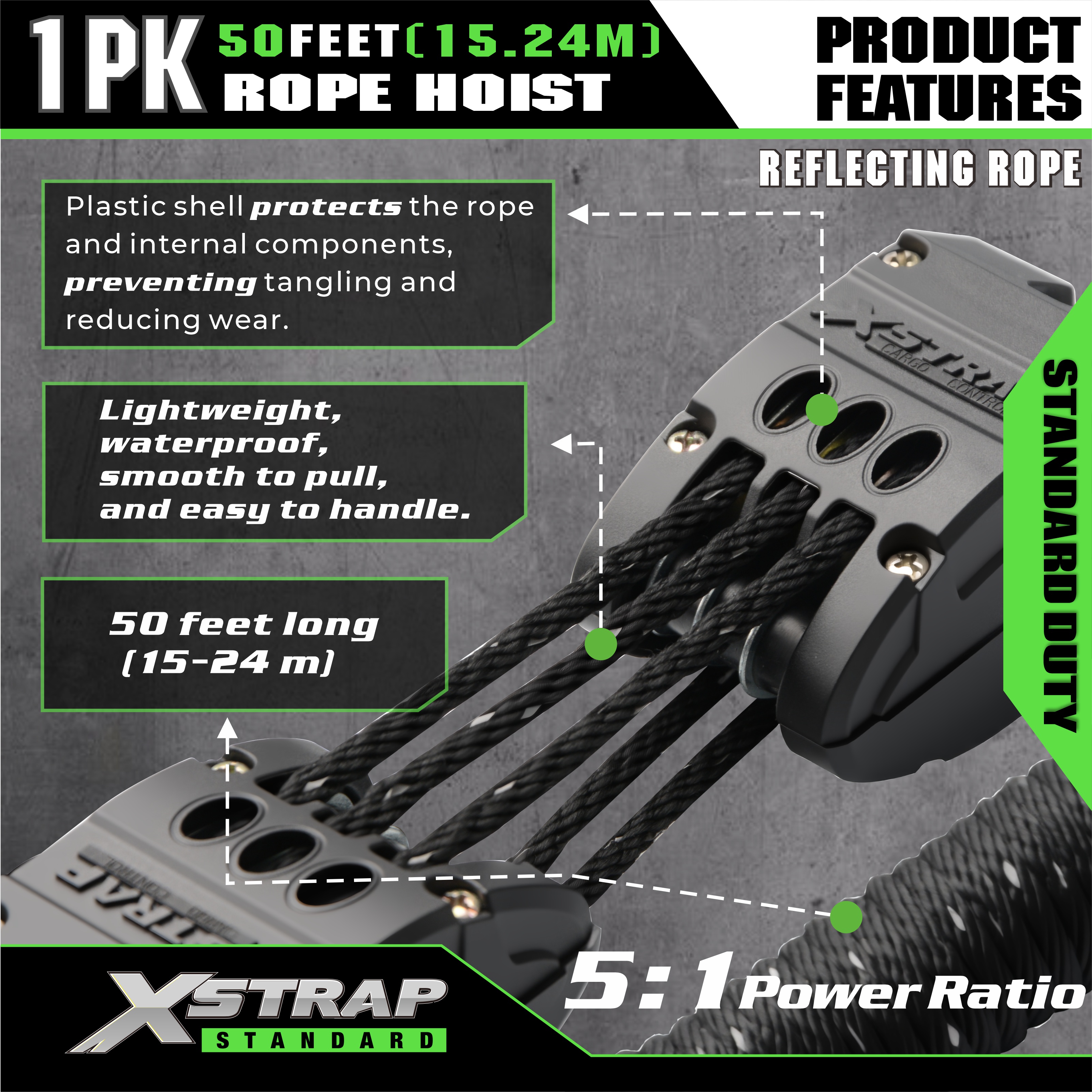 XSTRAP AHLT0003-reflexní černý systém kladek lanového kladkostroje 1000LB