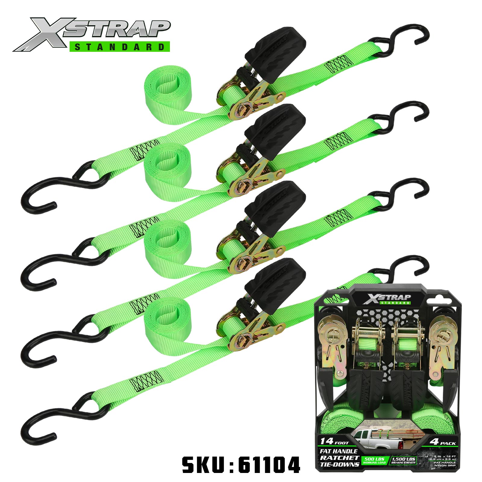 Xstrap 61104 1” x 12” 4PK Ratchet Tie Down 500lb SWL