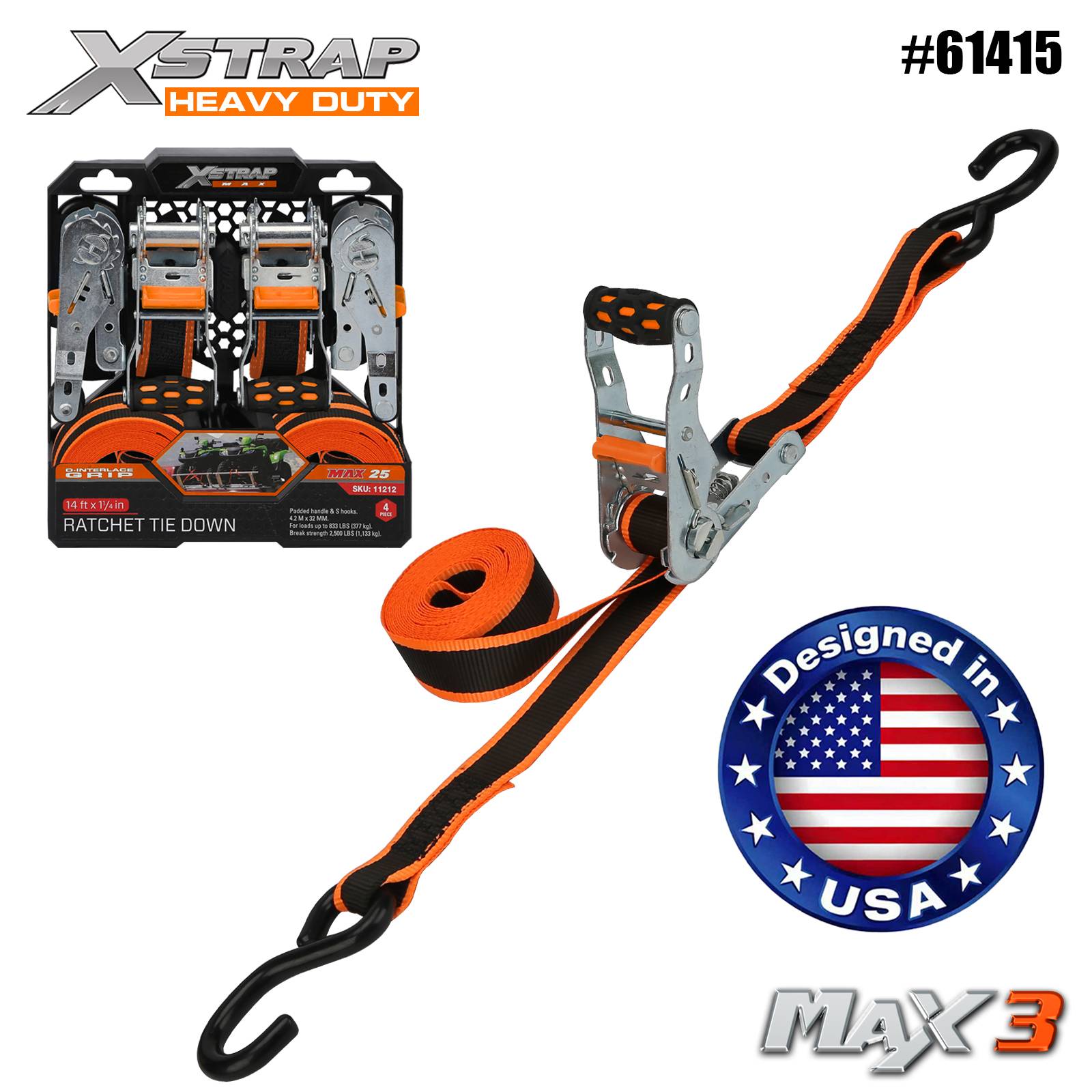 Xstrap 61415 1-1/4” x 14” 4PK Ratchet Tie Down 1000lb SWL