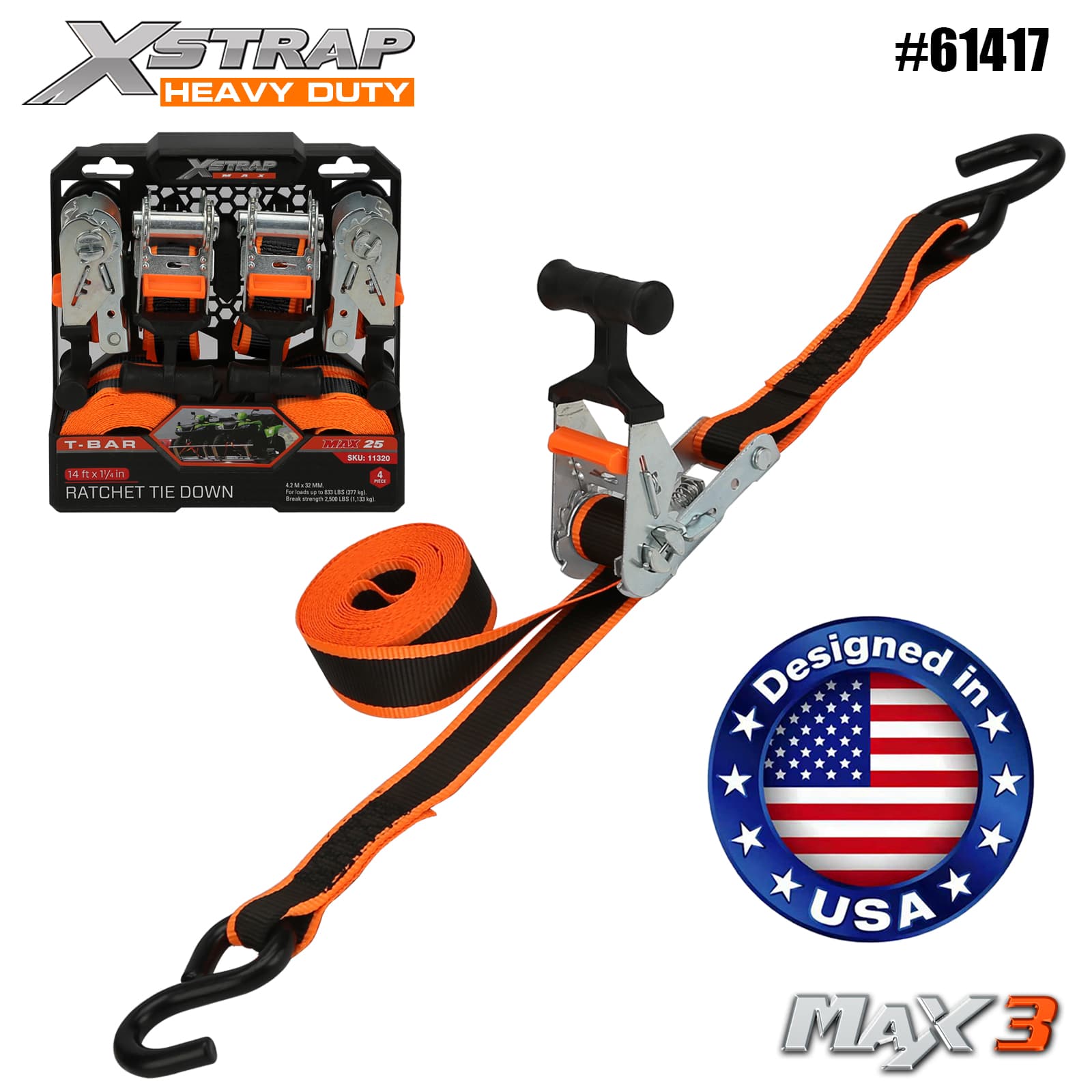 Xstrap 61417 1-1/4” x 14’ 4PK T-Bar Ratchet Tie Down 1000lb SWL