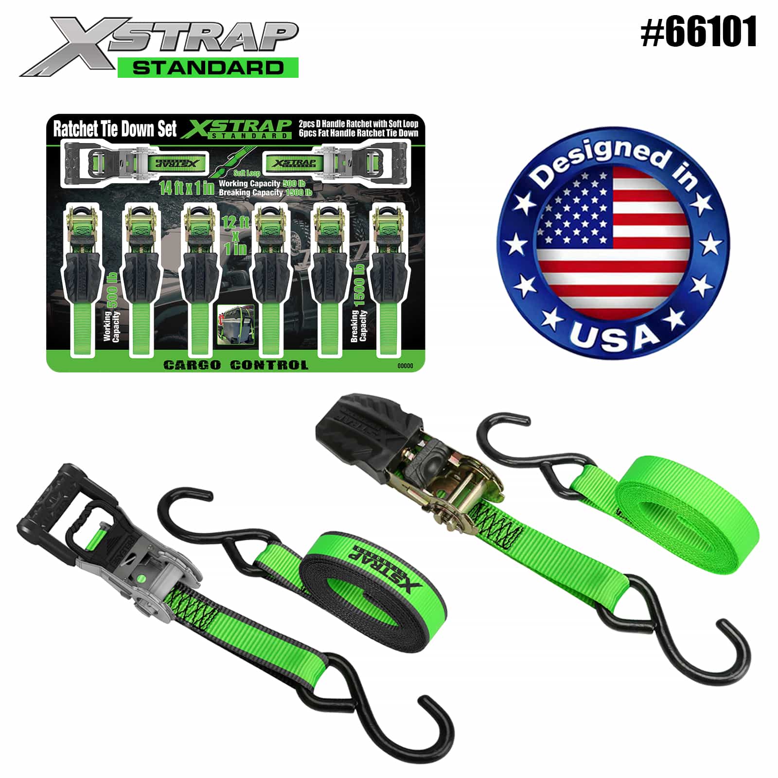 Xstrap 66101 1” x 14” 2PK D rukojeť ráčna s měkkou smyčkou 500 lb SWL a 1” x 12” 6PK plochá rukojeť ráčna s uvazováním 500 lb SWL