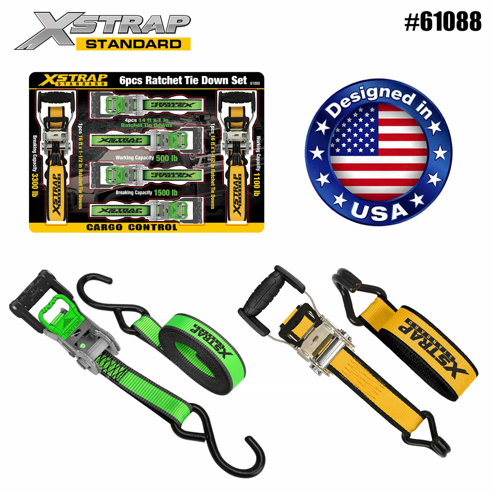 Xstrap 61088 1” x 14” 4PK D ráčna s rukojetí s měkkou smyčkou 500 lb SWL a 1” x 16” 2PK extra široká ráčna s rukojetí uvazovací 1100 lb SWL
