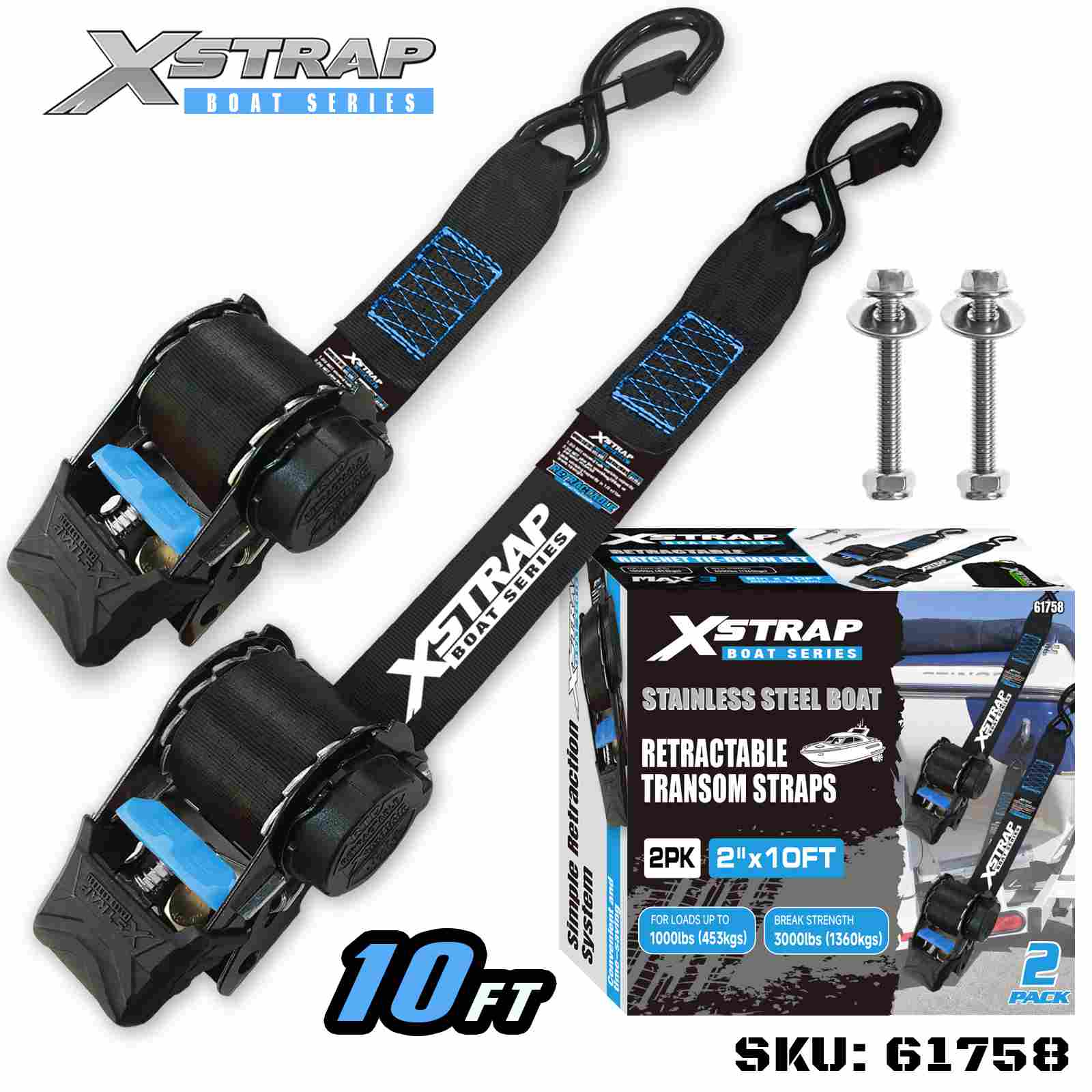 Xstrap 61758 2” x 3,6” 2PK lodní zatahovací popruh s bezpečnostními S háčky 1000 lb SWL