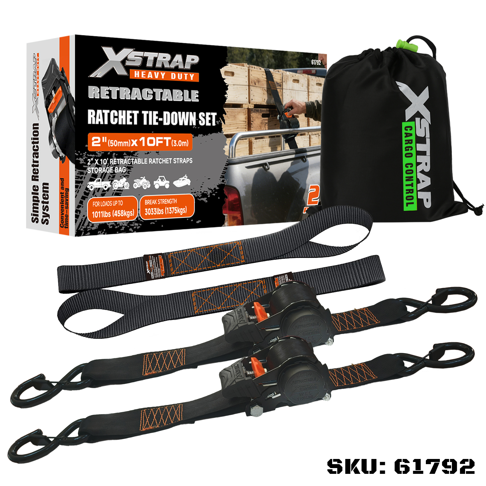Xstrap 61792 2PK 2” x 10” zatahovací sada upínacího řetízku s bezpečnostními S háčky 1011lb SWL