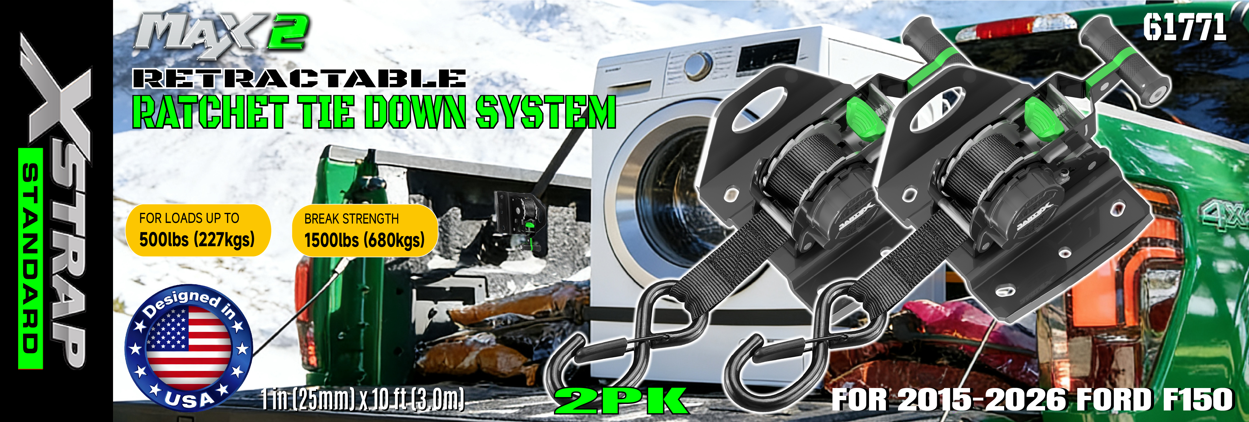 Xstrap 61771 Zatahovací popruhy s ráčnou Vhodné pro F150 Autopříslušenství 500LB SWL